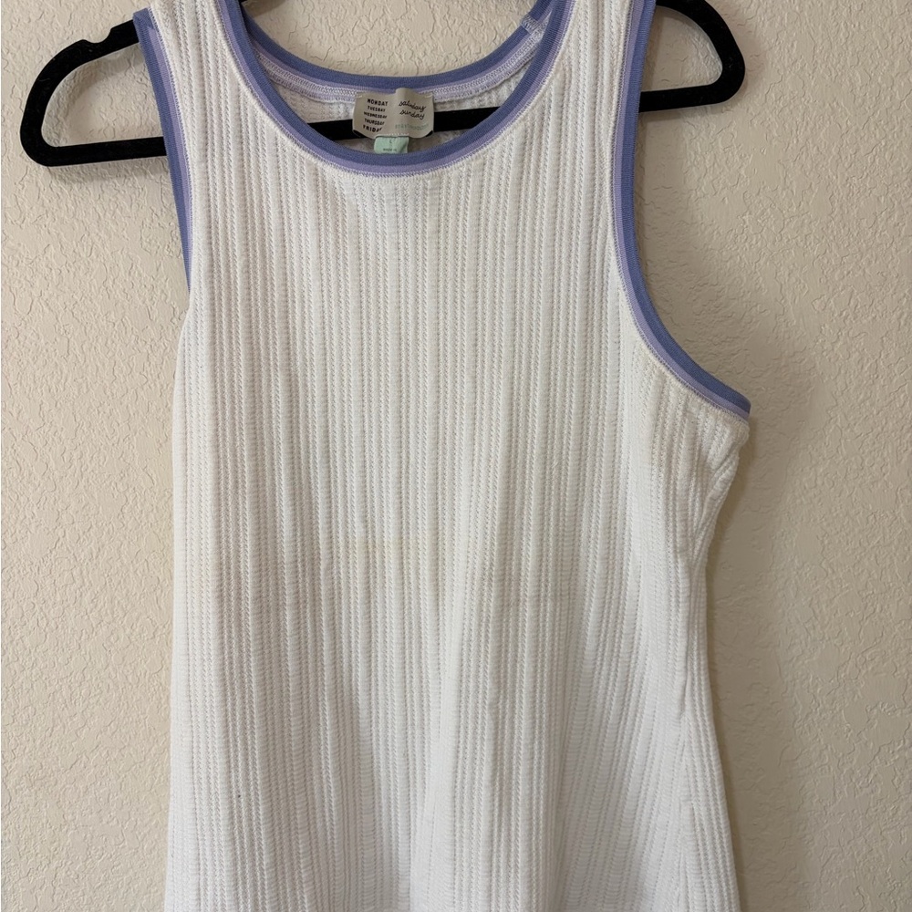 Anthropologie White Ribbed Tank with Lavender Trim